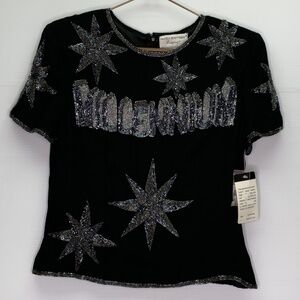 Beaded Shirt Large Black Sequin Beaded Millennium Star Y2K Top NWT NOS